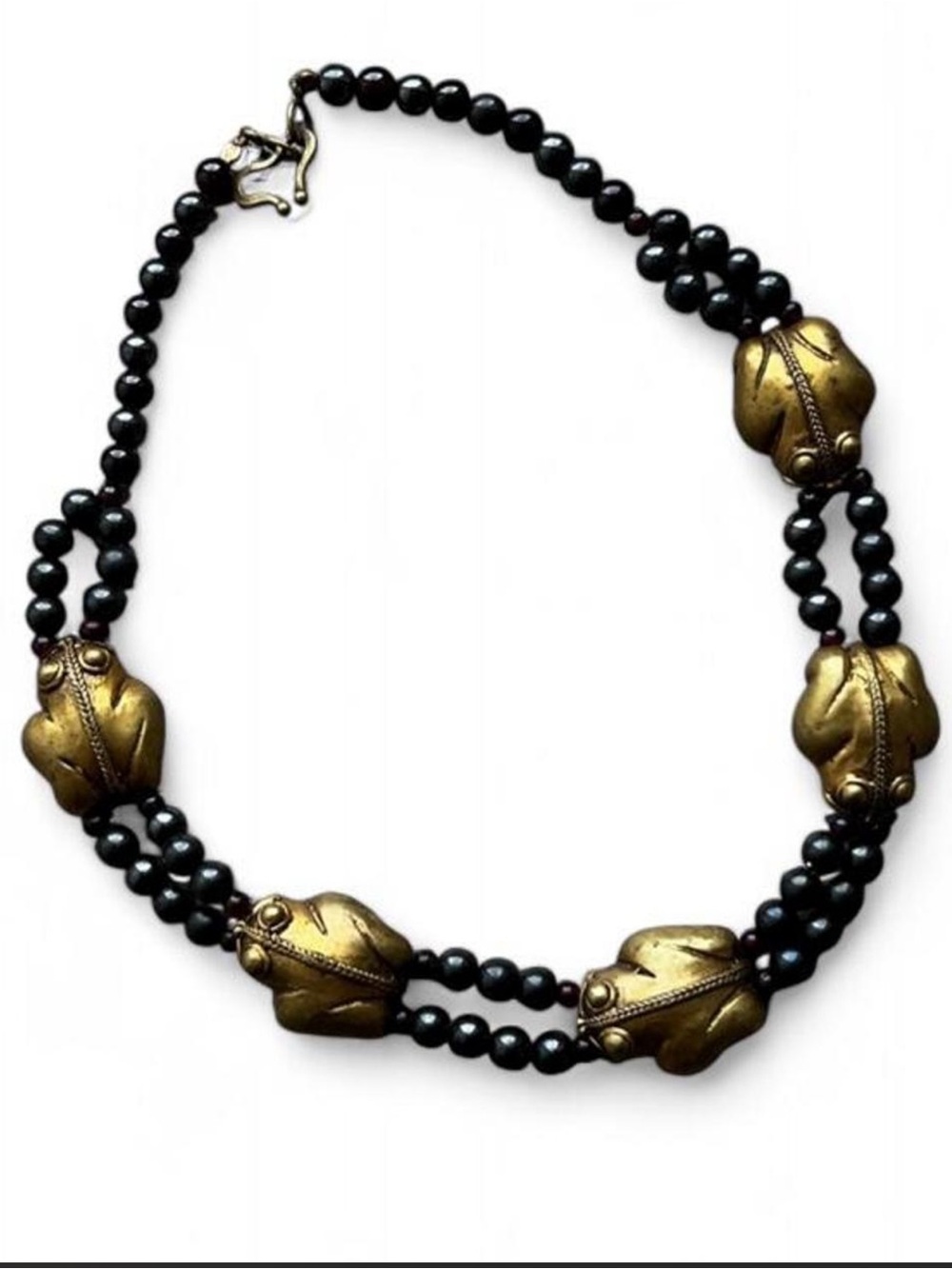 Vintage Pre Colombian Frog Gold Tone Onyx Garnet Beaded Necklace - Picture 3 of 16